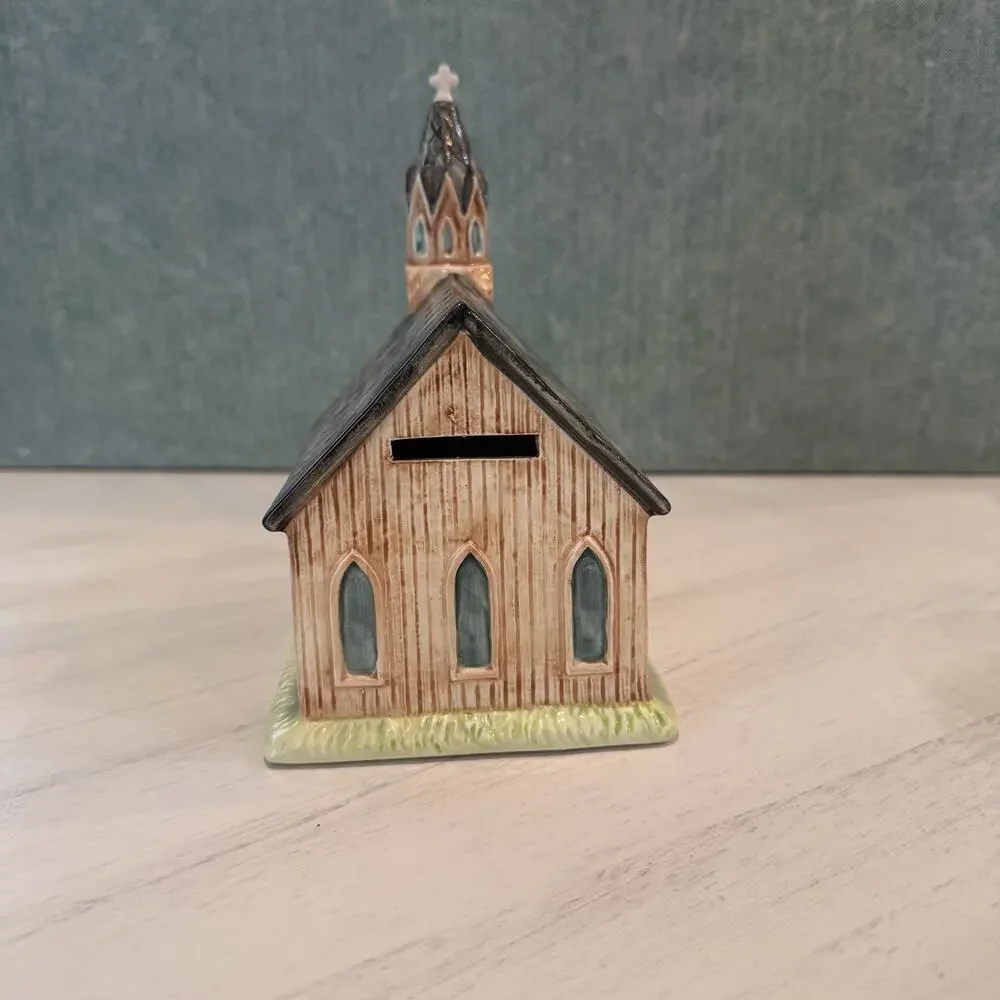 Vtg Porcelain Ceramic Little Brown Gothic Church Music Box Bank Roman EUC VIDEO‎